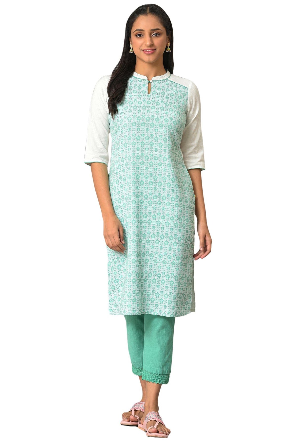 Green Cotton Dobby Printed Kurta (Size: 2XL)-24AUA13934-703848