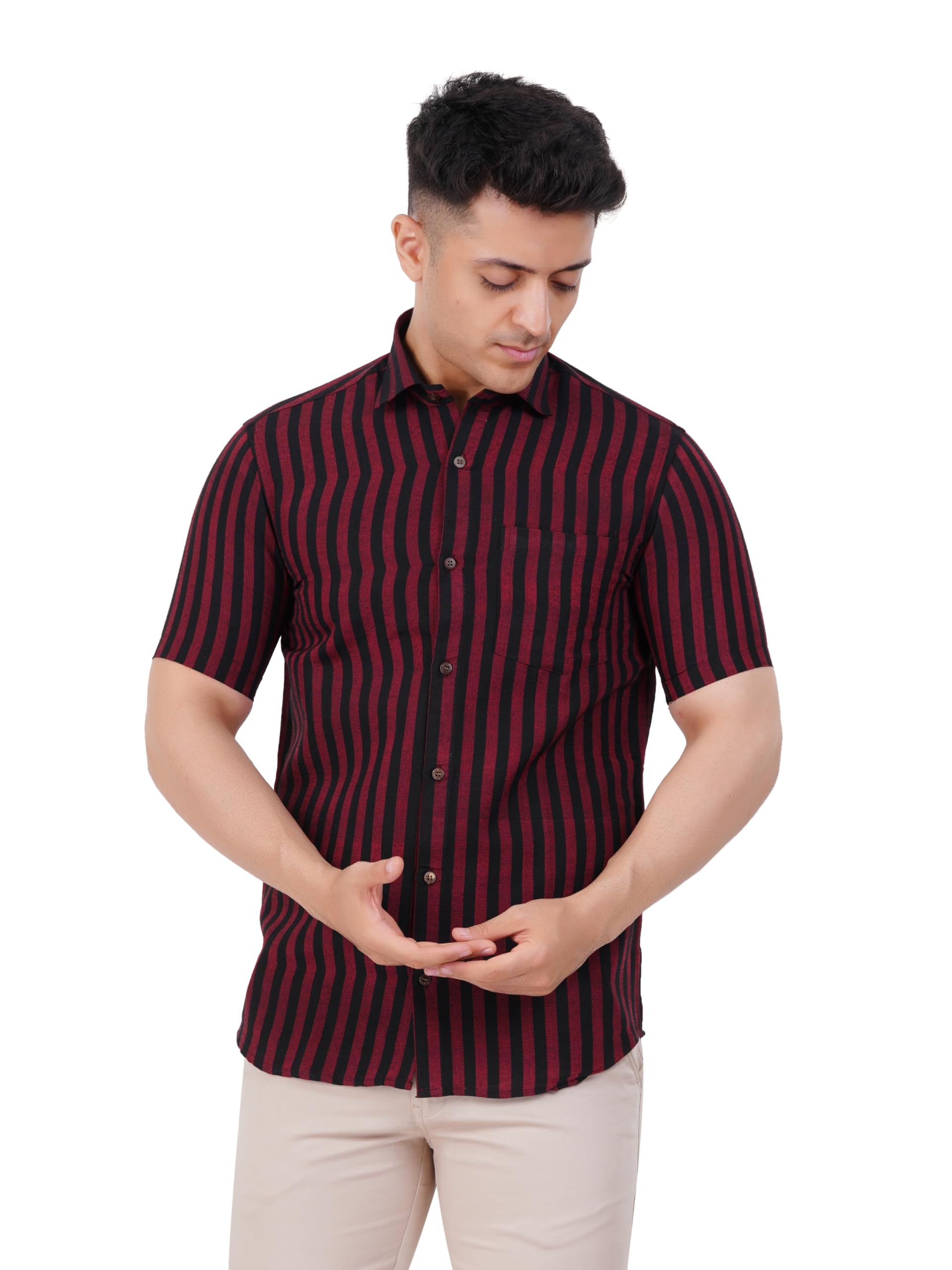 Mens Striped Regular fit Cotton Casual Shirt Maroon