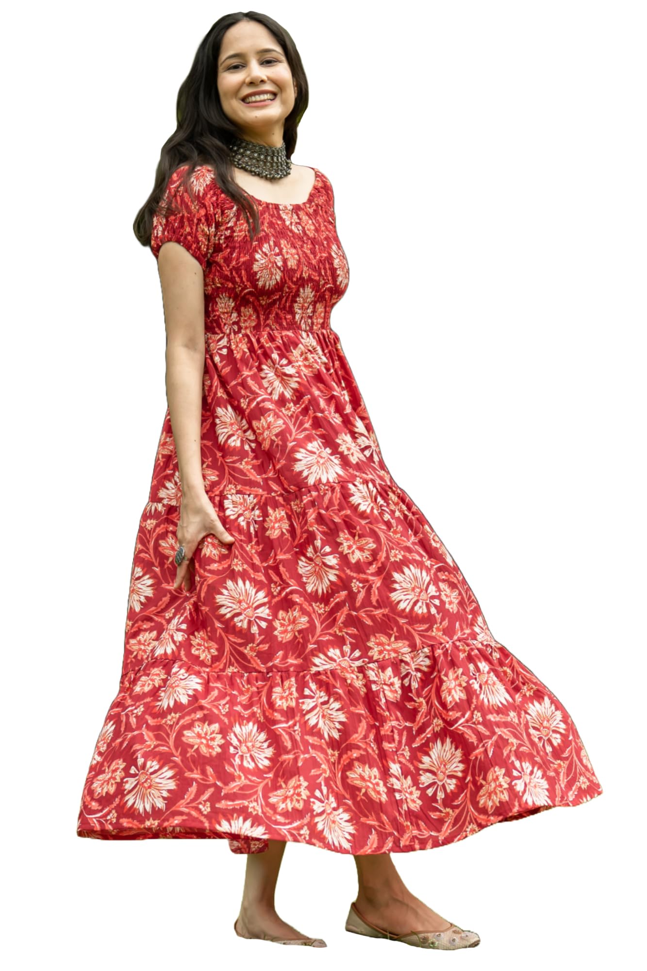 Gosriki Women'S Cotton Blend Anarkali Printed Long Kurta (Maulik Red-Gs_M_Red_Medium)