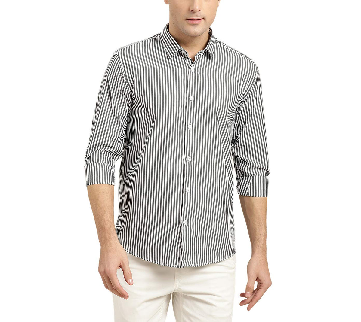 SOJANYA (Since 1958, Mens Cotton Black & White Striped Casual Shirt, Size: 38