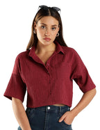 Fyltr WomenS Casual Solid Textured Crop Shirt -Boxy Fit | Half Sleeves Drop Shoulder | Tops For Jeans (Fylss25Wb-1326-Pomegrana
