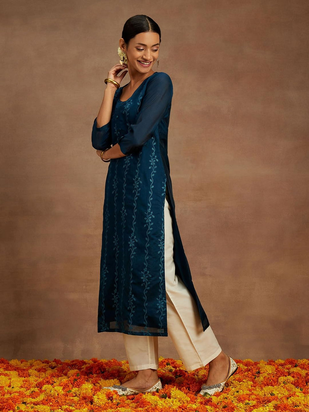 Libas WomenS Chanderi Silk Embroidered Straight Kurta (58007_Teal