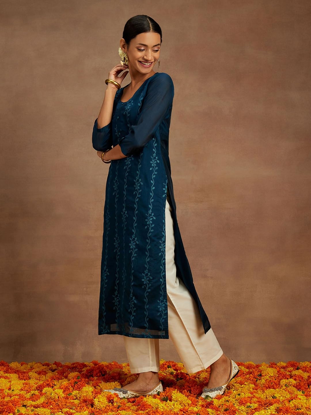 Libas WomenS Chanderi Silk Embroidered Straight Kurta (58007_Teal