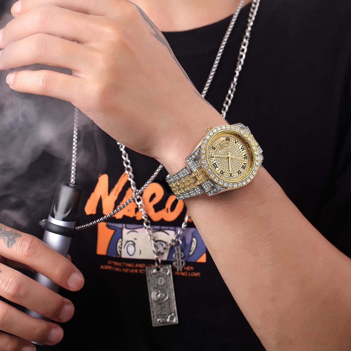 Hip Hop Watches for Men Iced-Out Bling Diamond Luxury Quartz Watches with Date (Gold)