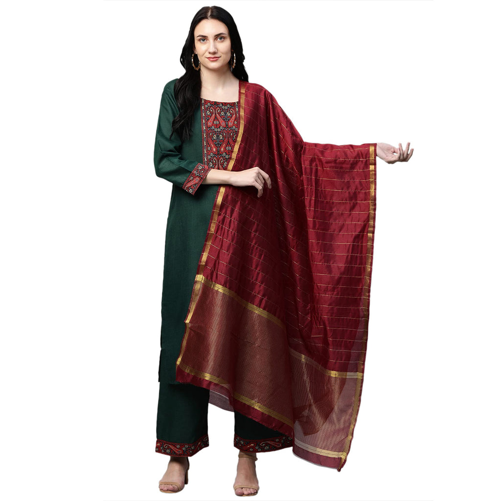 ANNI DESIGNER Womens Cotton Straight Kurta with Palazzo & Dupatta (Morning Green_XL_Green_X-Large)