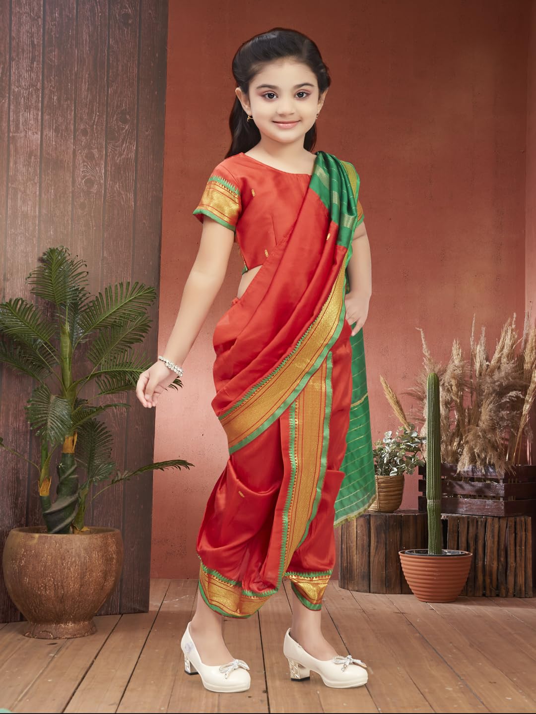 Aarika Girls Ethnic Wear Red Colour Shree Nav Silk Saree (4-9 Years)
