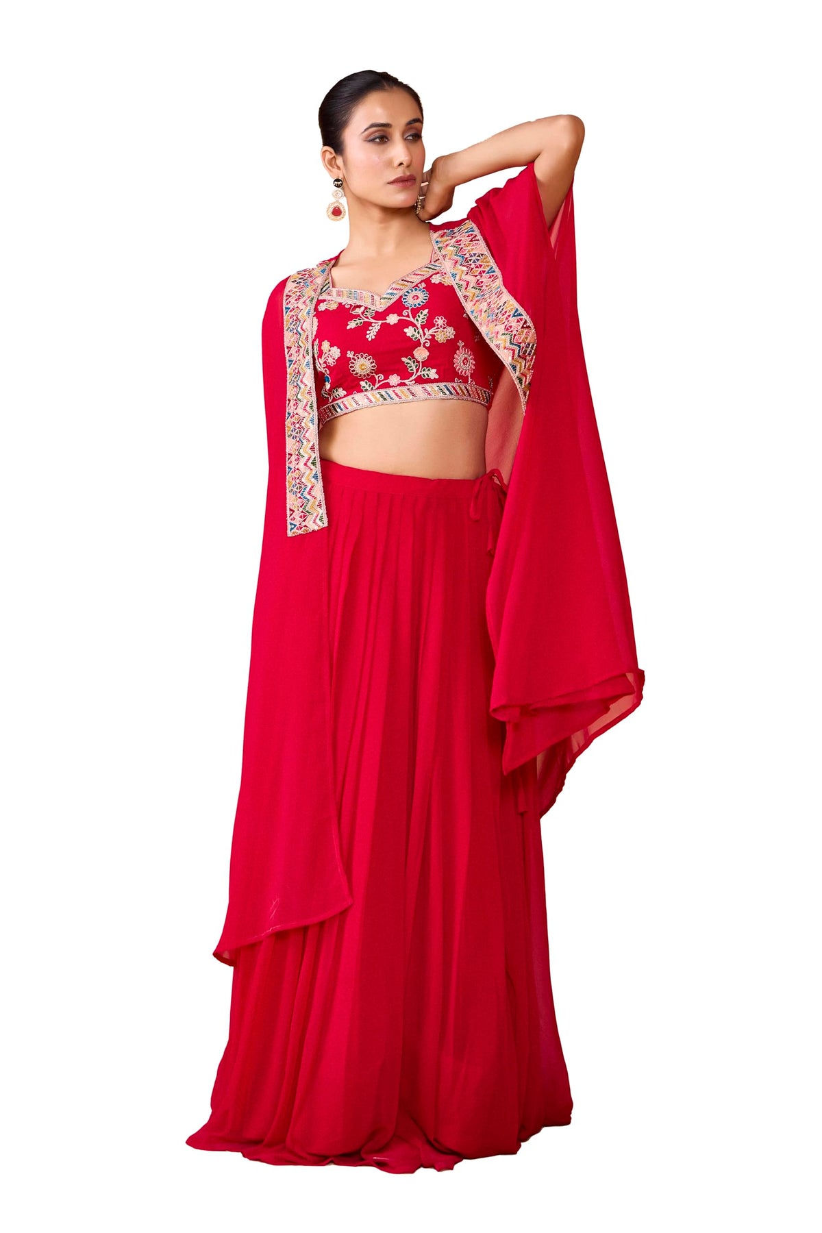 Madhuram Testiles Womens Georgette Skirt and Crop Top with Long Koti Set for Solid with Embroidery Work Skirt Set(M2515 Pink_L