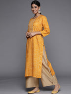 Varanga Women Mustard Gold Printed Embroidered Kurta