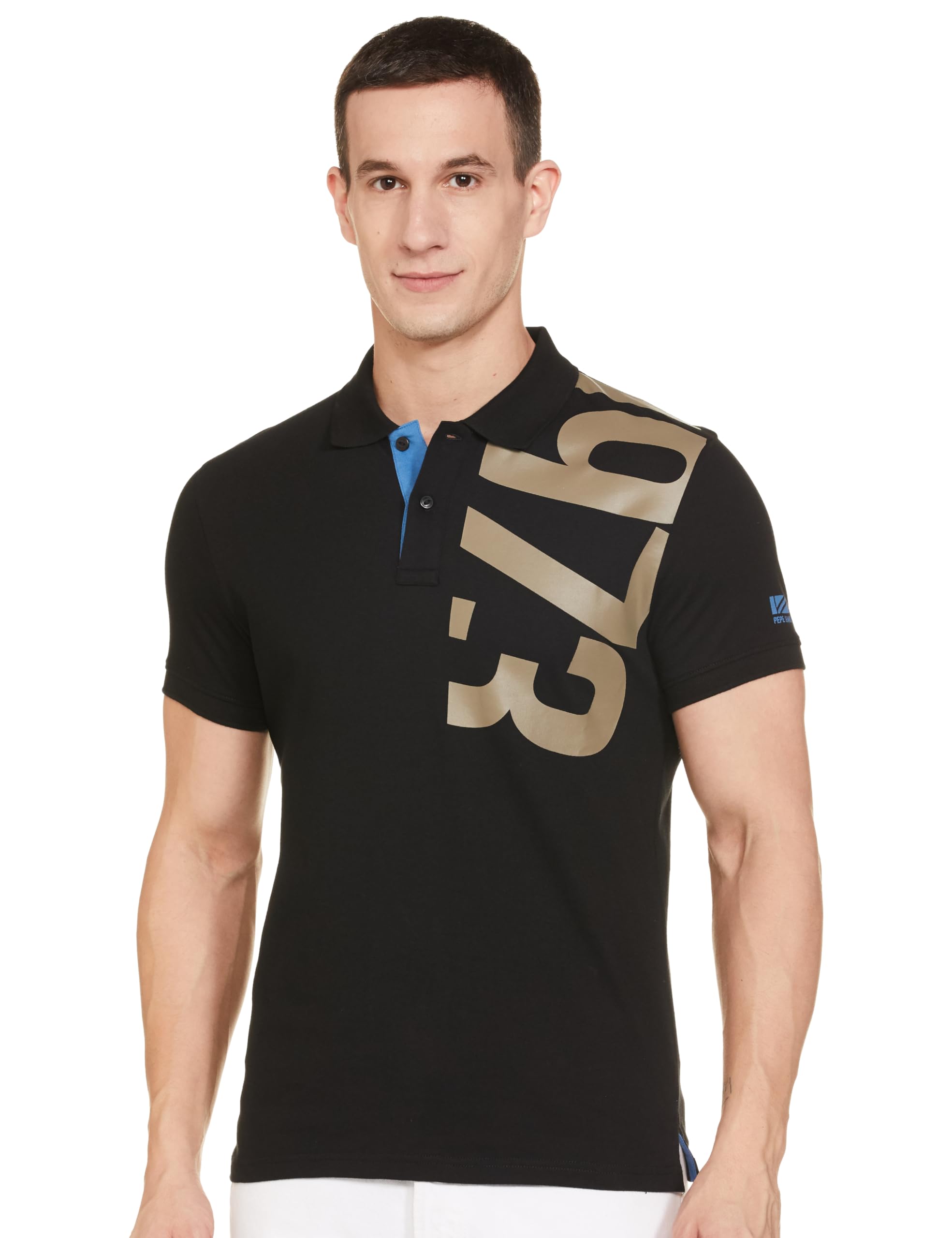 Pepe Jeans Men Cotton Regular Fit Graphic Printed Polo T-Shirts Black, Small