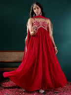 Varanga Women Fuchsia Embroidered Anarkali Kurta Set With Tonal Dupatta  Zari & Mirror Embroidery, V-Neck, Fringed Dupatta