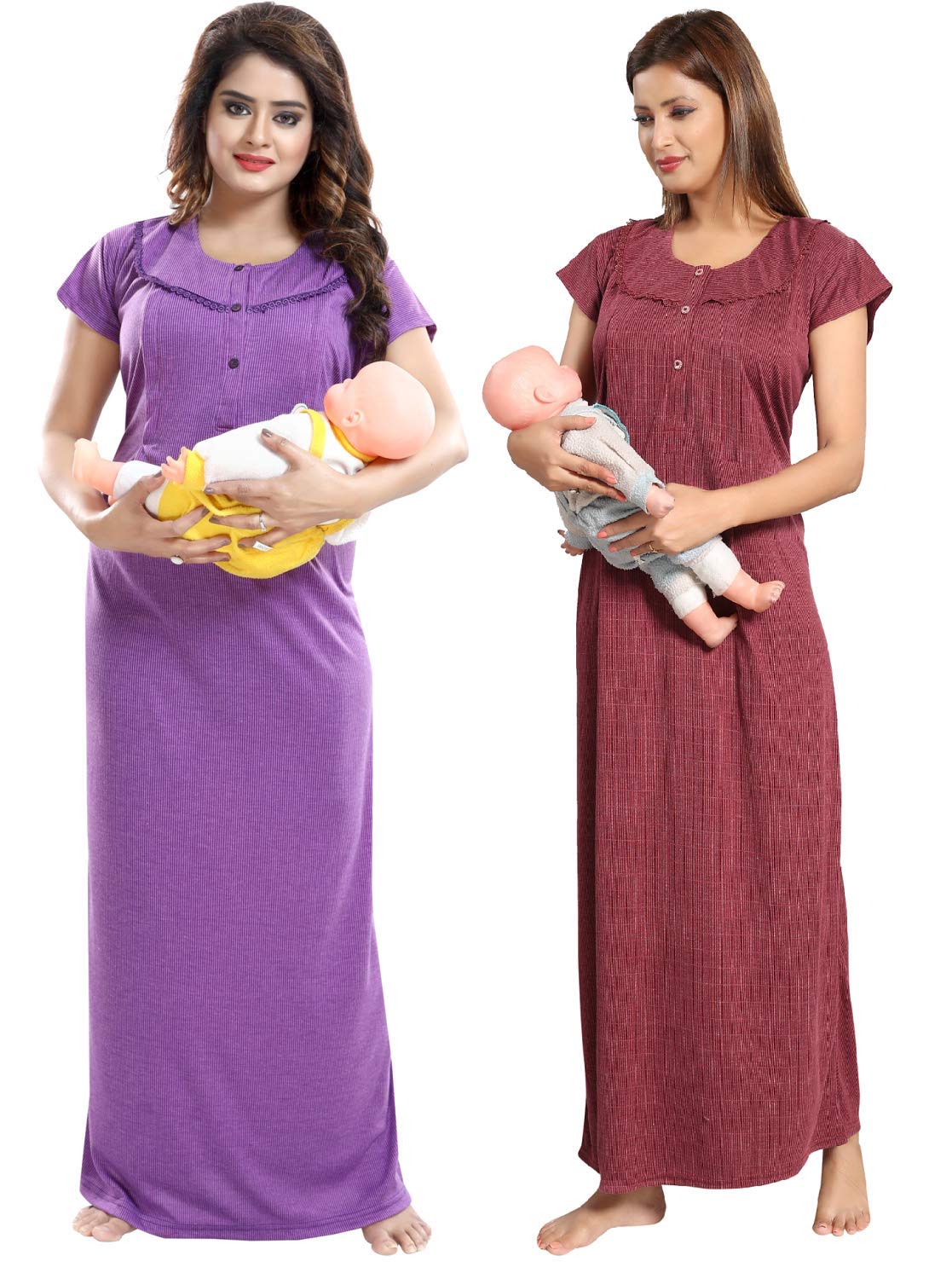 Fabme Womens Cotton Blend Textured Maxi Casual Night Gown (Po2-NW0142_Lavender, Maroon_Free Size)