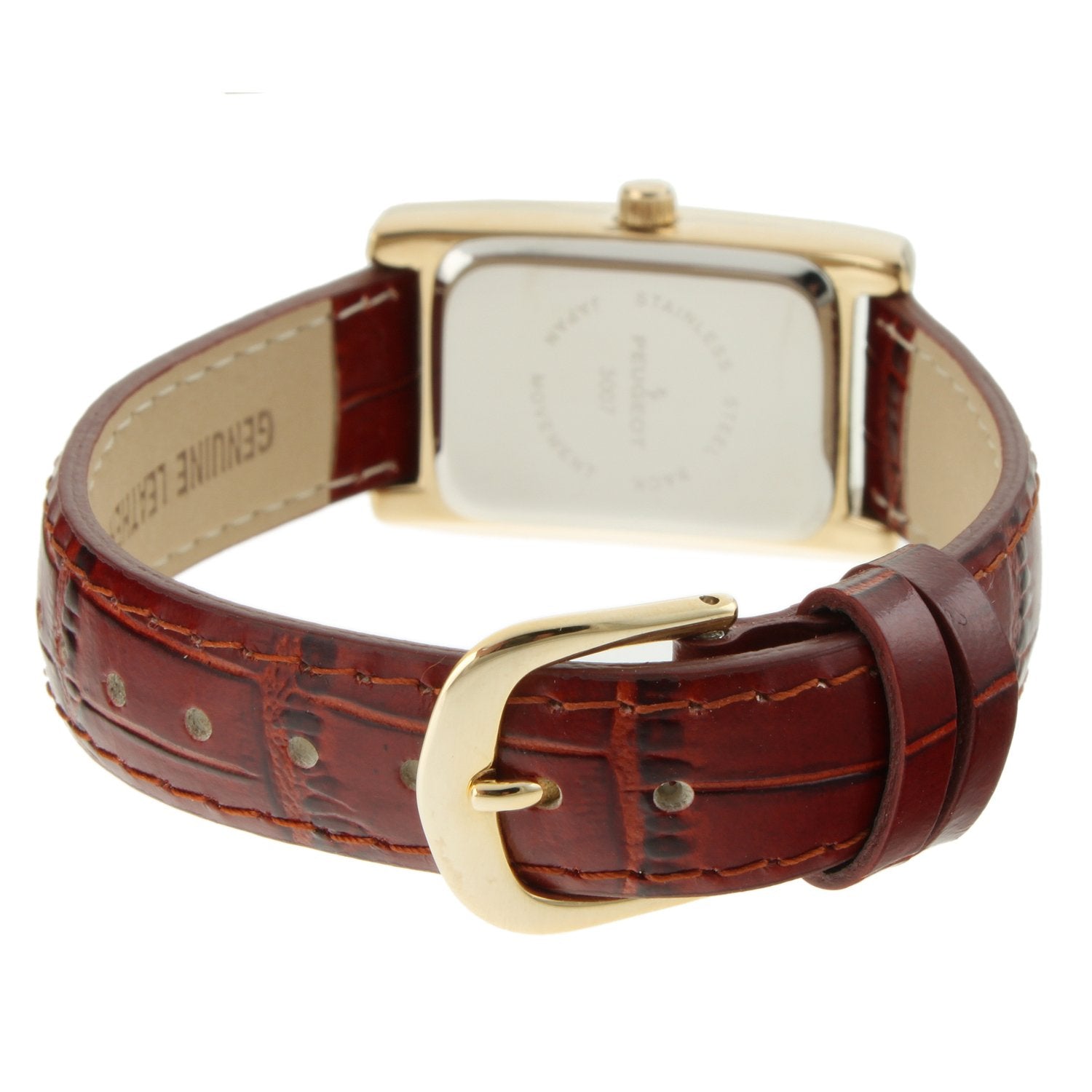 Peugeot Women's Classic 14Kt Gold Plated Watch, Rectangular Tank Shape Case with Leather Band and Easy to Read Dial