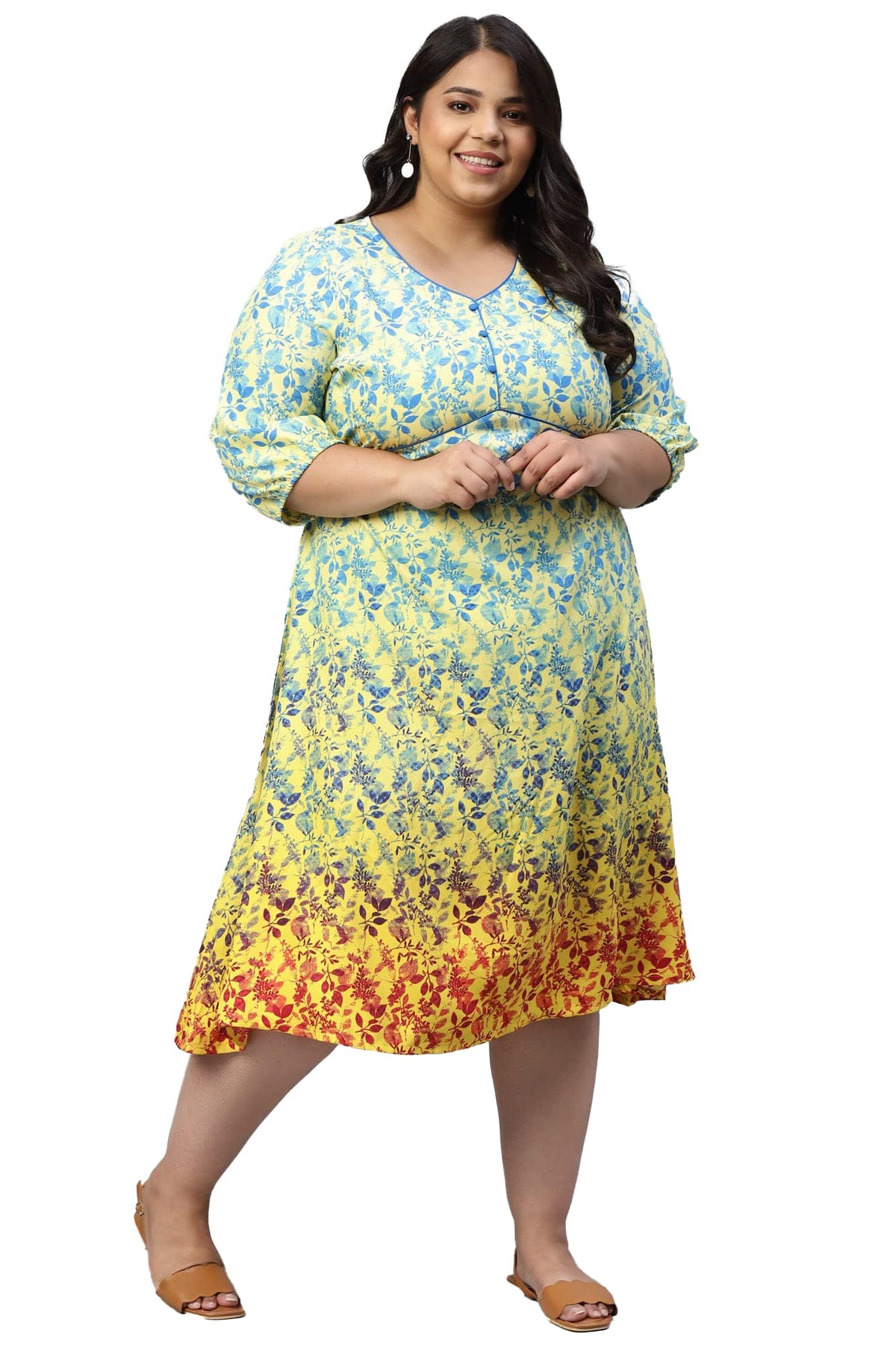 Aurelia Women Mellow Yellow Floral Printed A-Line Dress_22Aua13563P-504520_4Xl