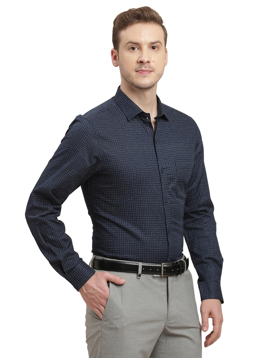 Turtle Men 100% Cotton Slim Fit Blue Printed Full Sleeve Formal Shirt