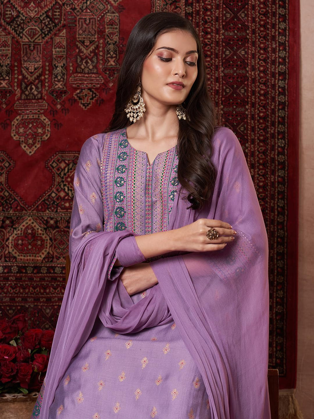 ANNI DESIGNER Women s Viscose Rayon Straight Kurta with Trousers and Dupatta, purple, 40