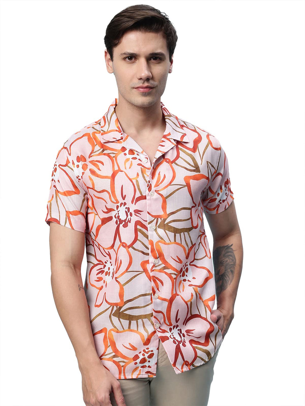 Veirdo Men's Floral Printed Polyester Short Sleeve Spread Collar Shirt