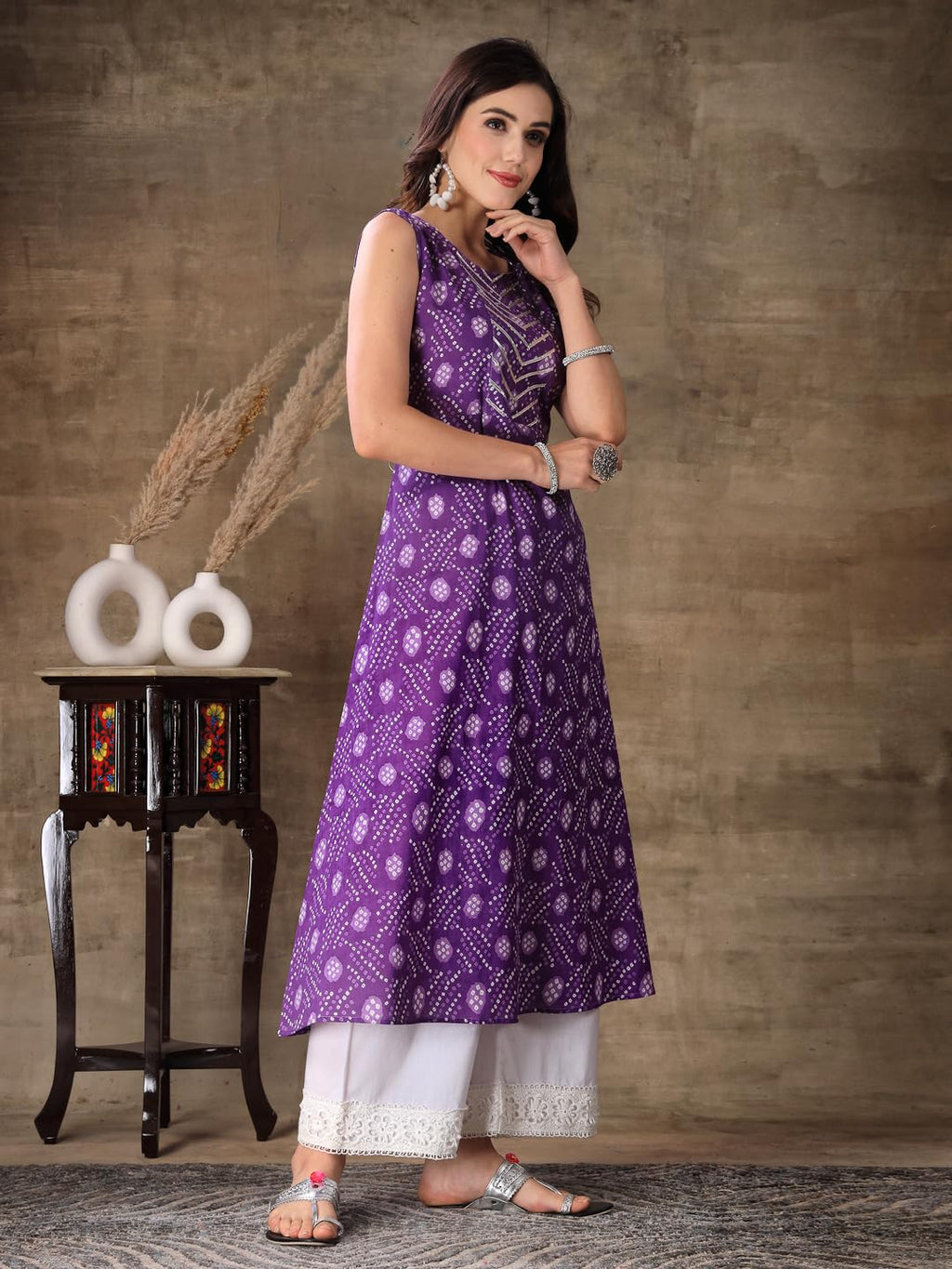 Stylum Women'S Bandhej Printed Cotton Flared Kurta (Purplesanvi_Purple)