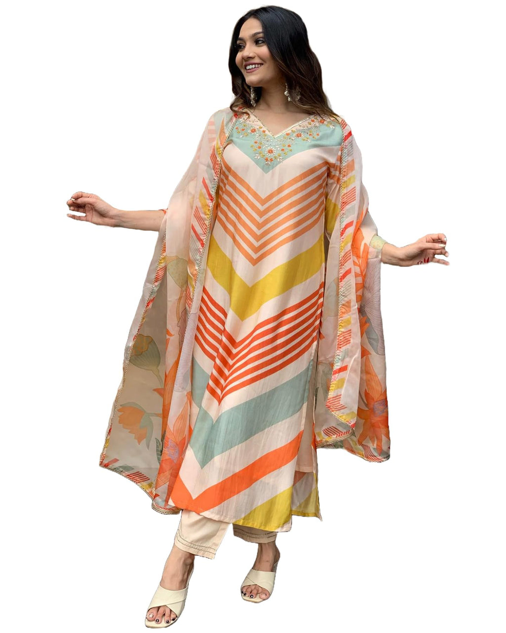 ANNI DESIGNER Womens Cotton Blend Straight Printed Kurta with Pant & Dupatta (Dhimi Cream-NW_XL_Cream_X-Large)
