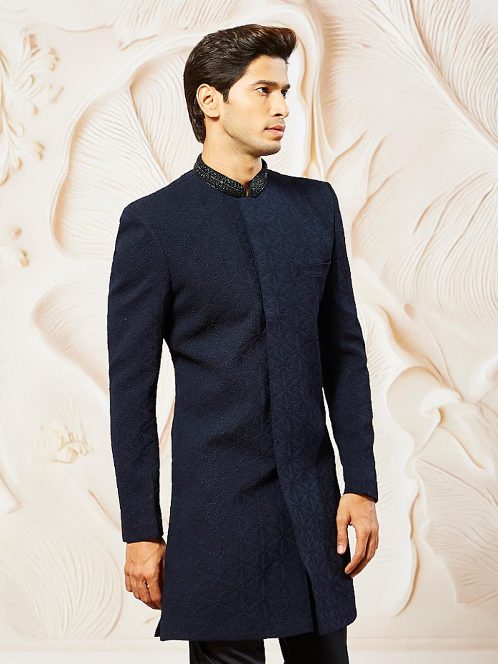 VASTRAMAY Mens Navy Blue Silk Blend Indo Western Top Only, Silk Blend Emboss Fabric Indo Western For Men, Traditional Indian We