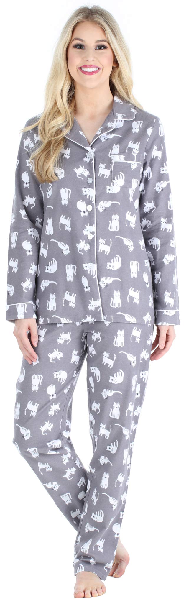 PajamaMania Women's Cotton Flannel Long Sleeve Button-Down Pajamas PJ Set, Grey Cats, Medium