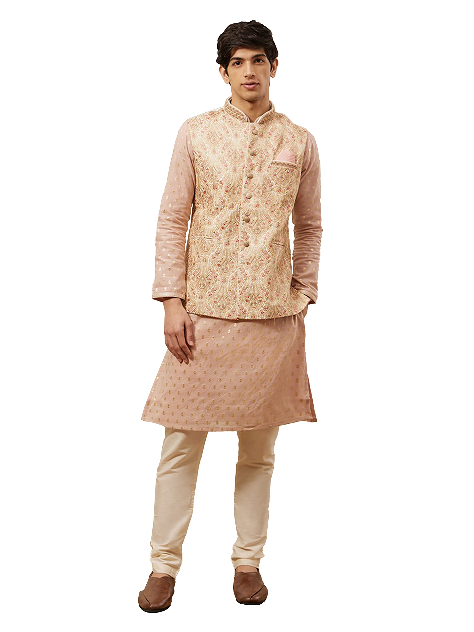 Manyavar Printed Art Silk Nehru Jacket For Men, Sleeveless, Mandarin Collar, Ethnic Wear (Off White/Cream, Xl)