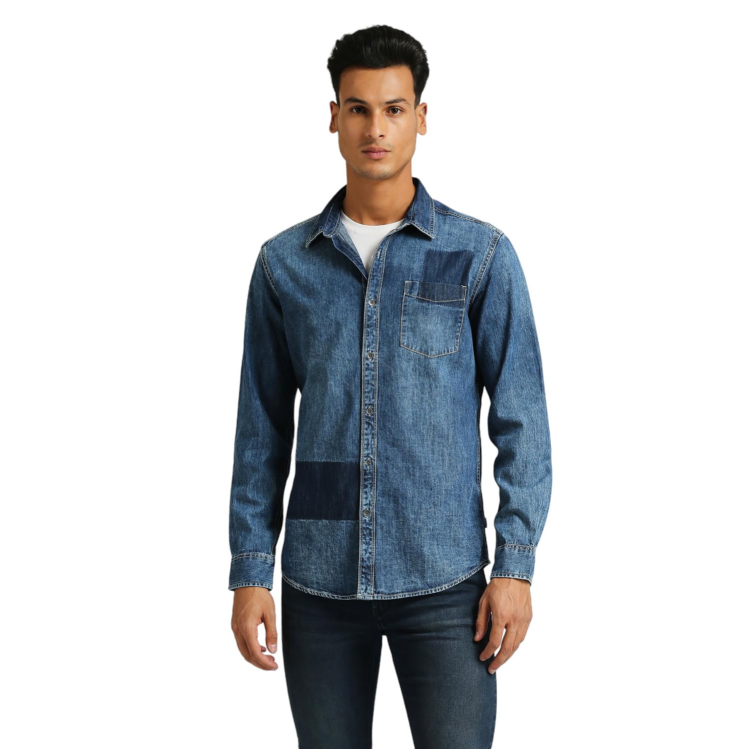 Pepe Jeans Blue Laser Printed Slim Fit Denim Shirt