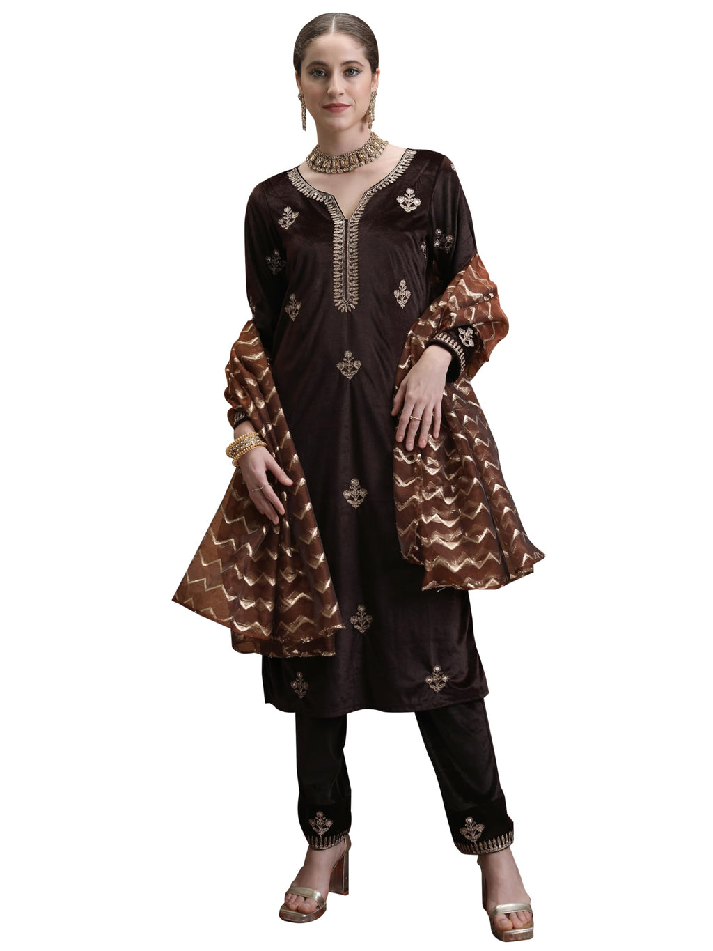 Ketch Women Knee Length Round Neck Ethnic Set Khk3001181 Brown M