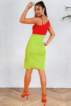 Popwings Women Casual Red & Green Asymmetric Noodle Strap Dress | Women Dress | Women Latest Knee Length Stylish Trendy Dress