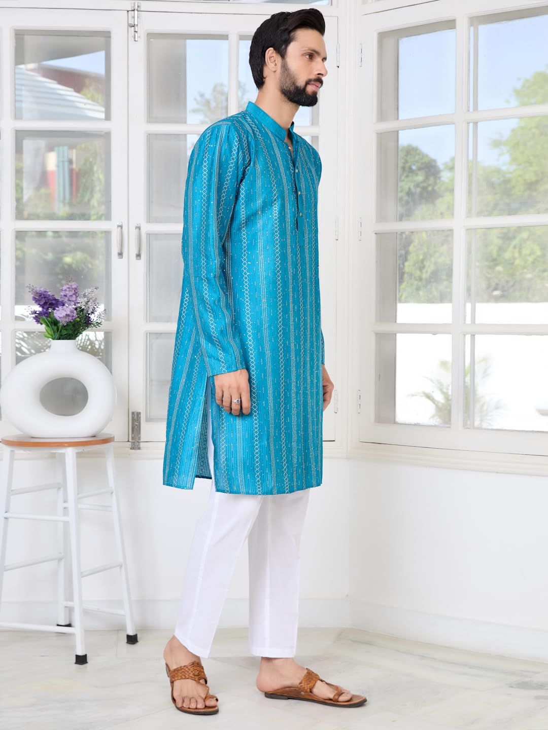 See Designs Mens Full Sleeve Mandarin Collar Blue Embroidered Chanderi Silk Straight Long Kurta - Festive Collection | Dussehra