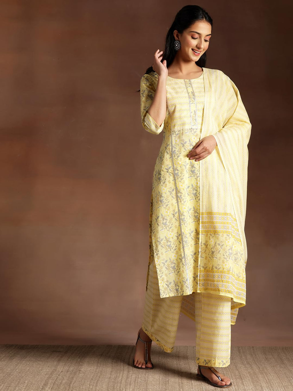 Libas Yellow Printed Cotton Straight Kurta With Palazzos & Dupatta