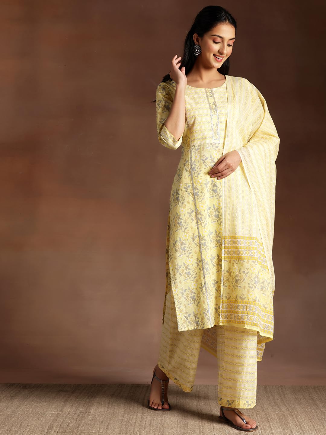 Libas Yellow Printed Cotton Straight Kurta With Palazzos & Dupatta