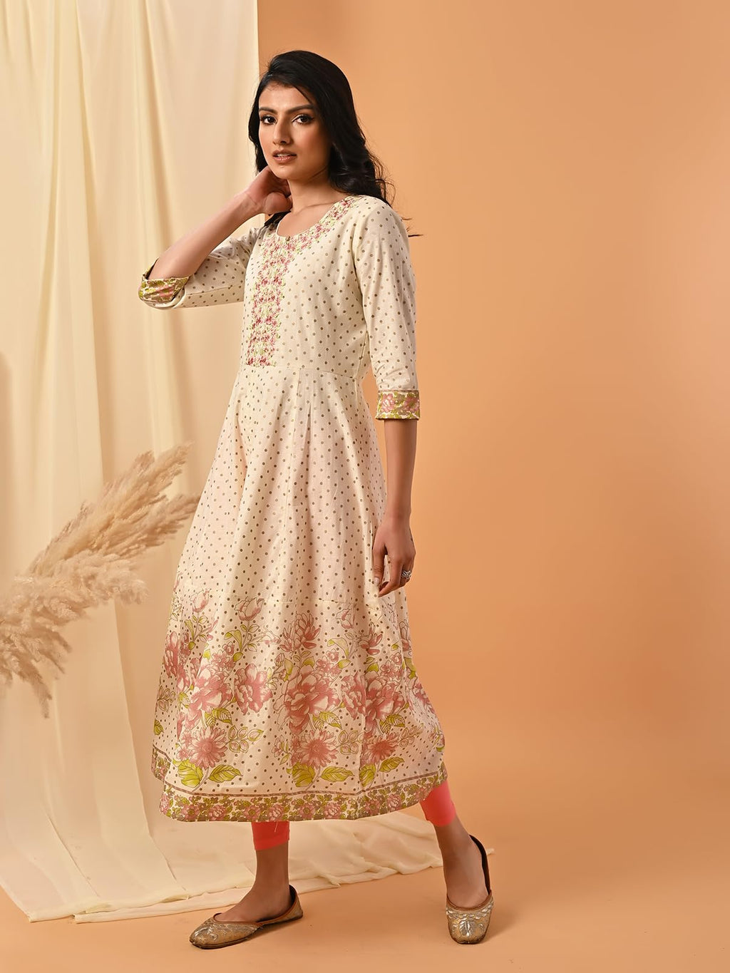 Rangita Cream Cotton Calf Length Embroidered Front Slit Kurti For Women | Kurta For Women