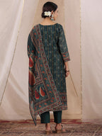 Ishin WomenS Green Ethnic Motifs Printed Poly Silk Straight Kurta With Trousers & Dupatta