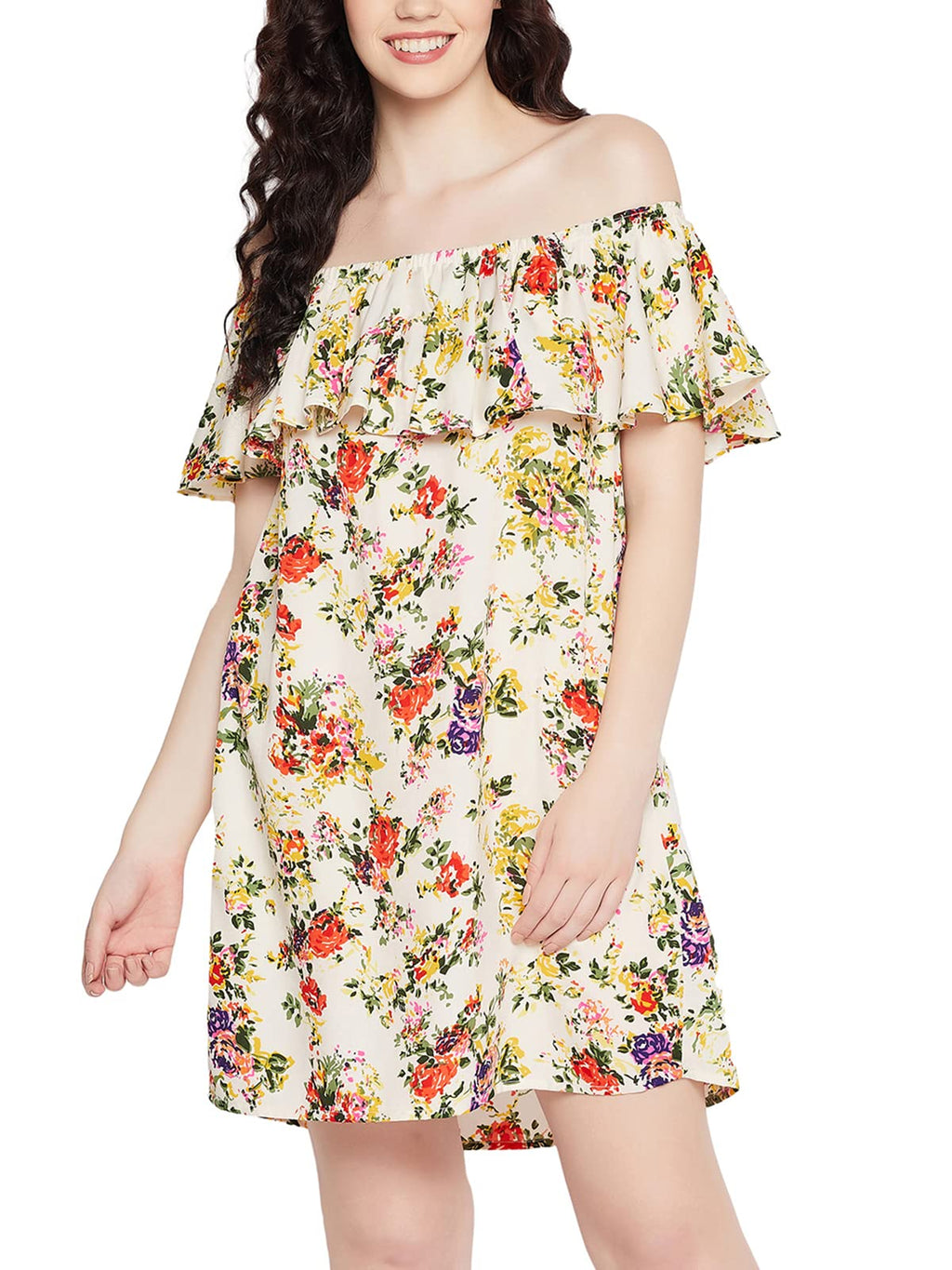 Clovia Women'S Crepe Pretty Florals Resortwear Bardot Dress (Rw0018P18_White)