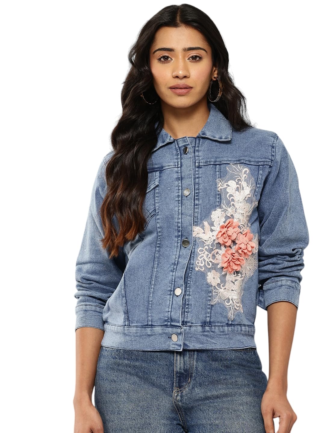 Aarika Womens Floral Work Blue Color Denim Jacket (Dn-W-113-Blue-S)