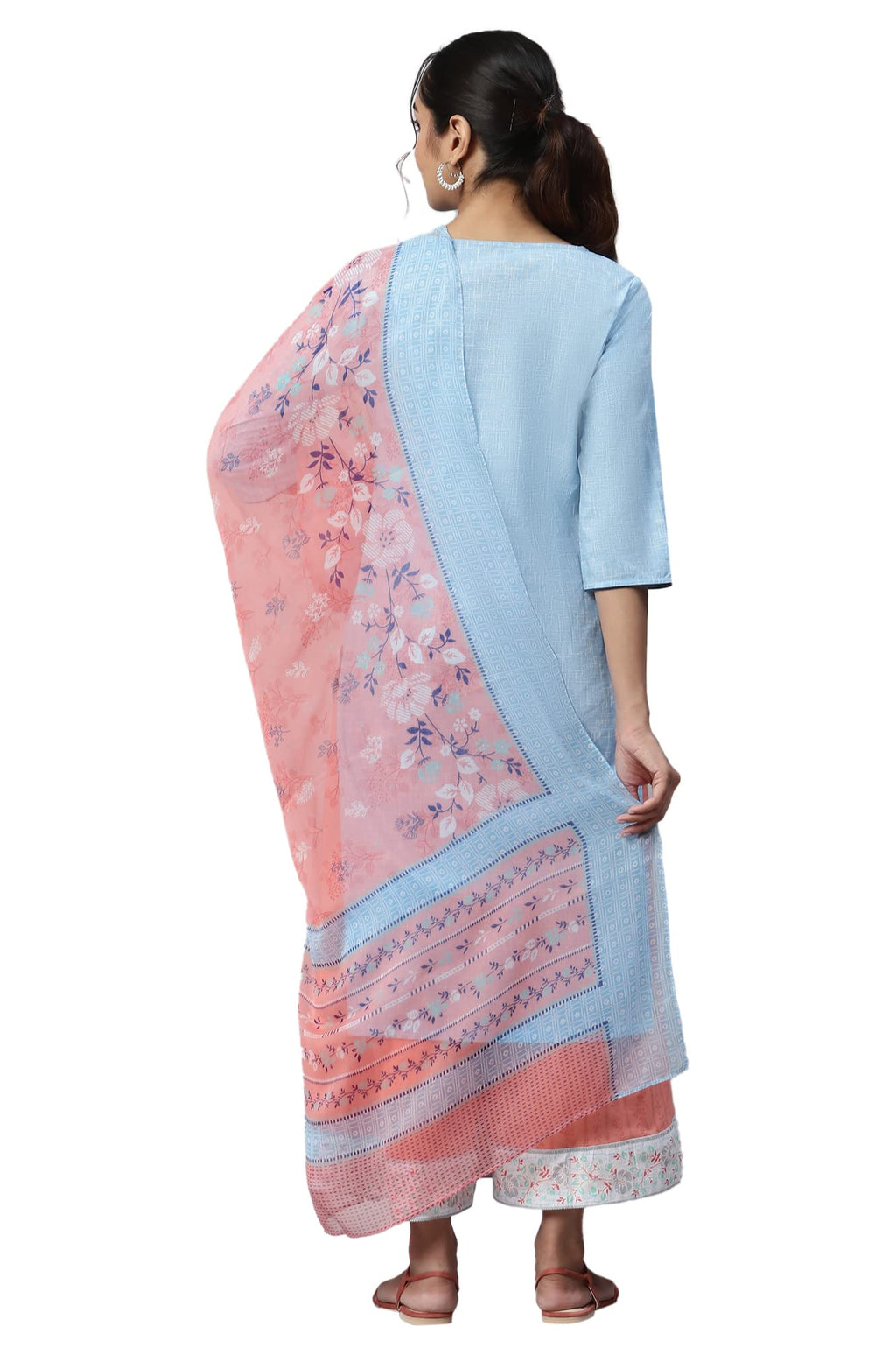 Aurelia Blue Floral Printed Cotton Kurta Dupatta Bottomwear Set For Women