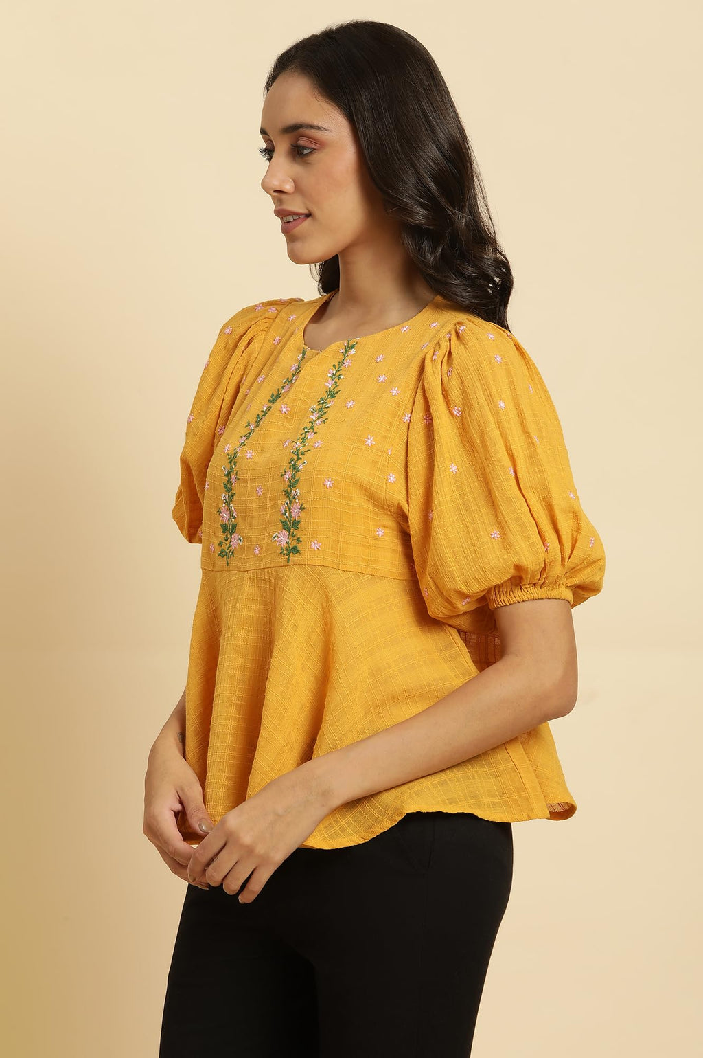 W Yellow Cotton Embroidered Peplum Top for Women