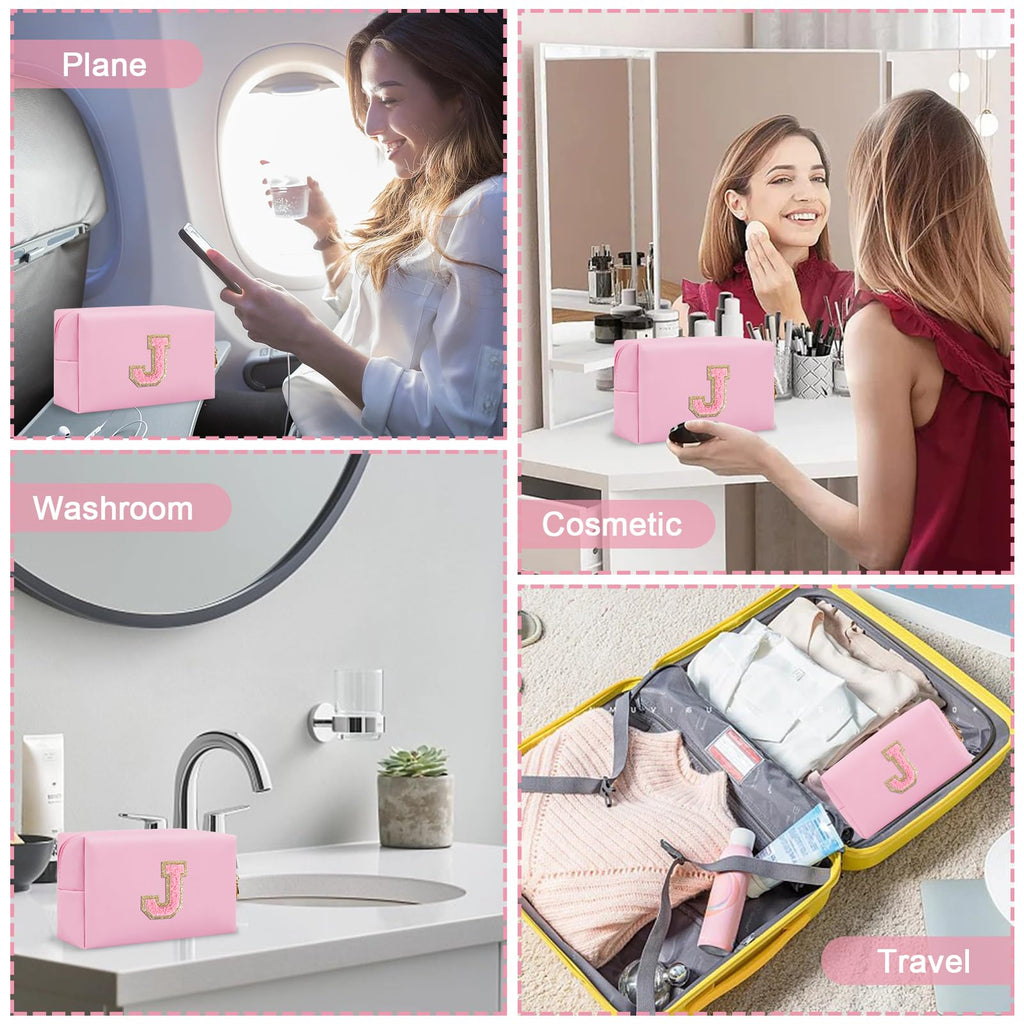 Personalized Preppy Small Travel Makeup Bag, Initial Chenille Letter Pink Makeup Bag Cosmetic Pouch Toiletry Organizer, PU Leath