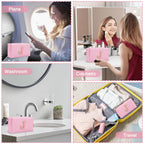 Personalized Preppy Small Travel Makeup Bag, Initial Chenille Letter Pink Makeup Bag Cosmetic Pouch Toiletry Organizer, PU Leath