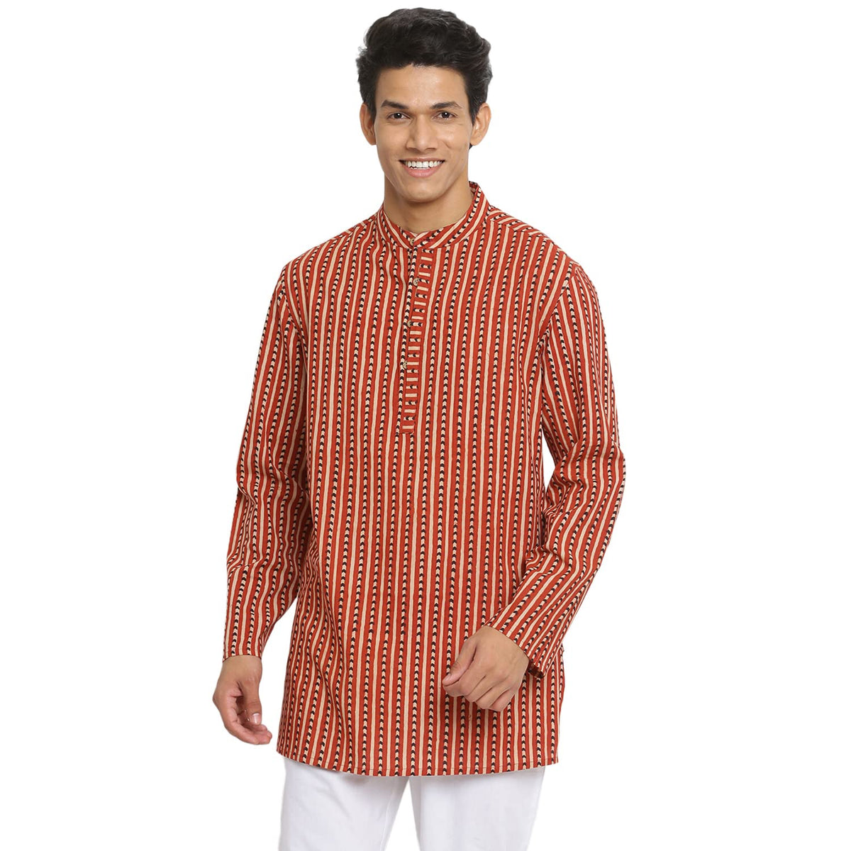 Fabindia Men Collar Cotton Cambric Short Hand Block Print Kurta Chinese_L Red
