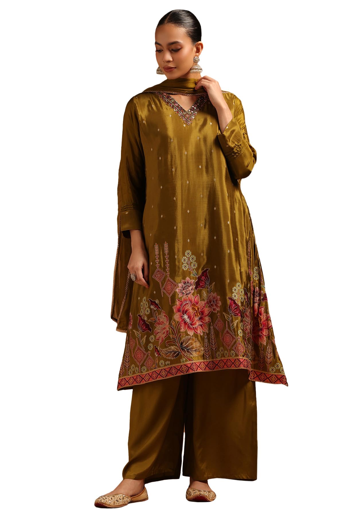 Soch Women Dola Silk Floral Suit Set with Aari Embroidery and Stonework