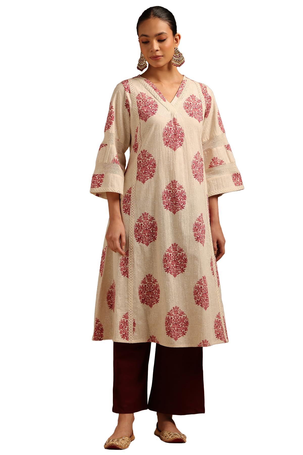 Soch Women Pure Cotton Botanical Printed Lace Insert Kurta