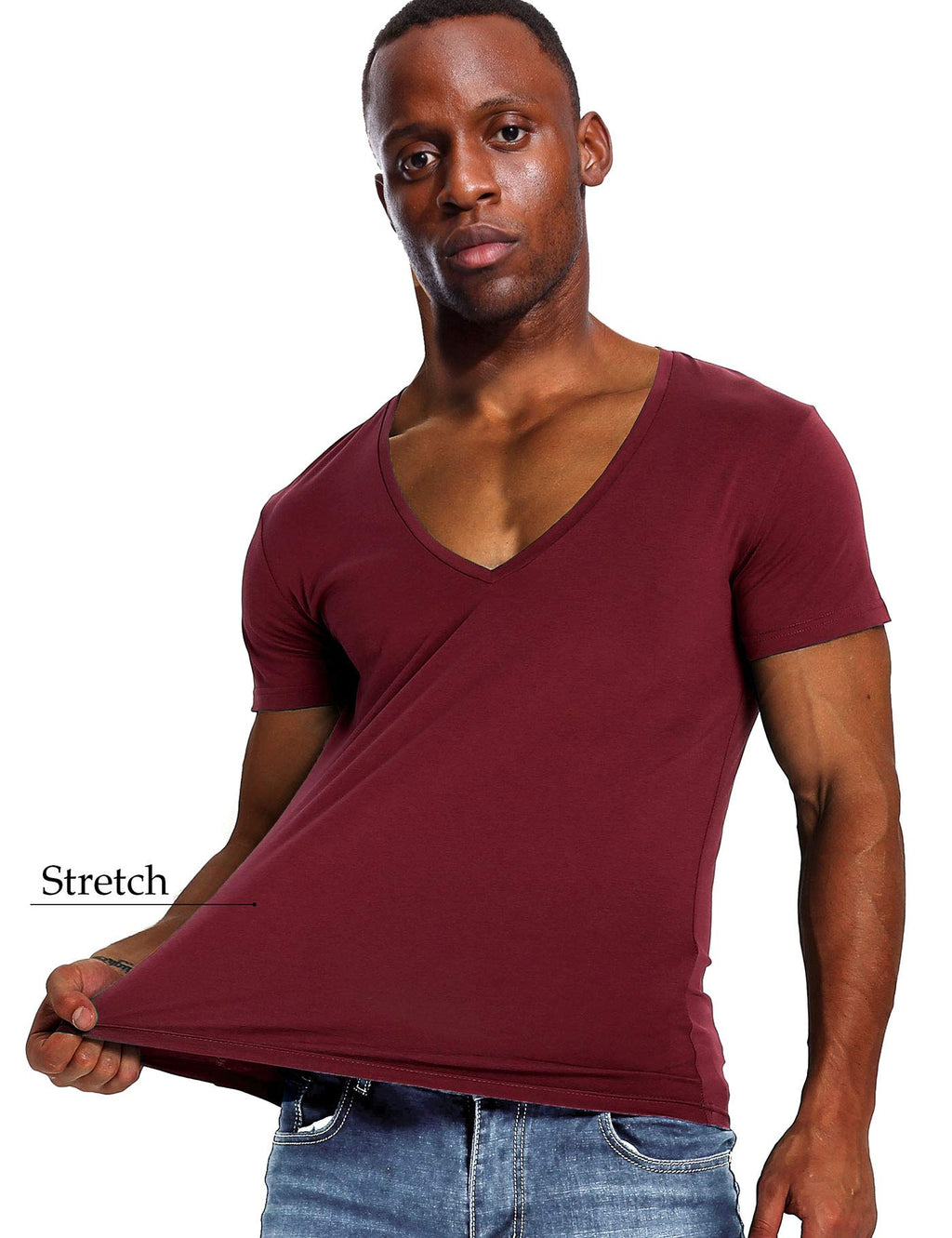 Deep V Neck T Shirt for Men Low Cut Vneck Invisible Tee Vee Top Burgundy Red L