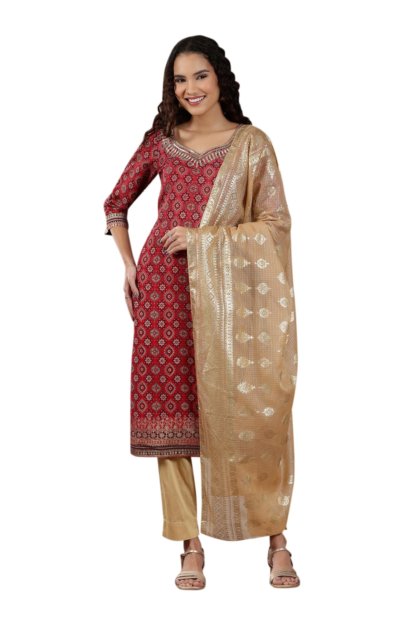 Aurelia Womens Gold Kota Doria Dupatta with Floral Motifs