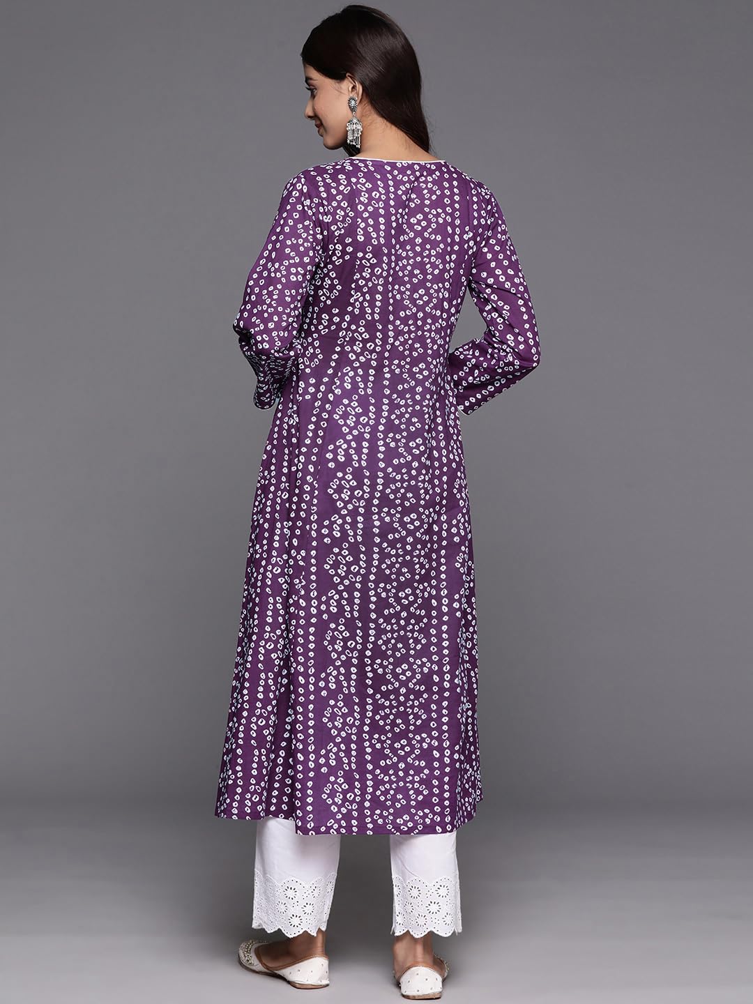 Varanga Women Purple V-Neck Bandhani Print Angrakha Style Anarkali Kurta With Piping Detail For Traditional (Medium)