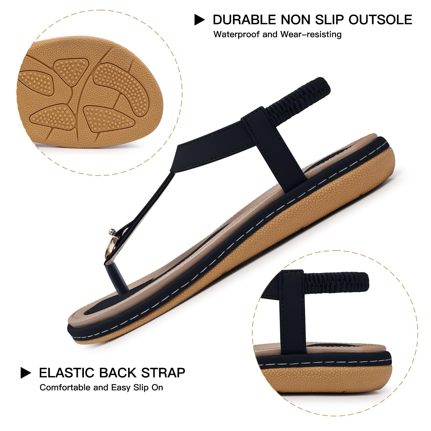 SHIBEVER Womens Sandals Summer Flat: Dressy Casual T-Strap Flip Flop Thong Flat Sandals - Black Size 6 Comfortable Walking