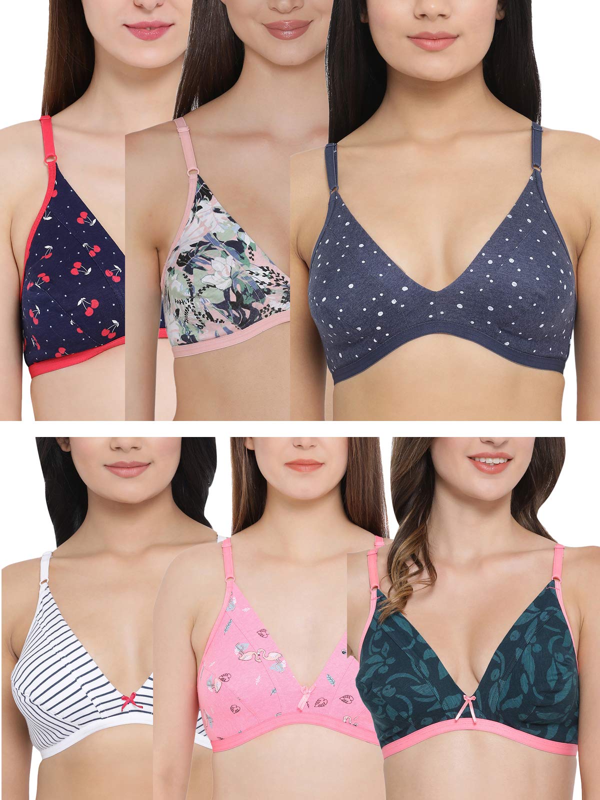 Clovia Womens Pack of 6 Cotton Non-Padded Non-Wired T-Shirt Bra (COMBRC715_Multicolored_38B) (Print and Color May Vary)