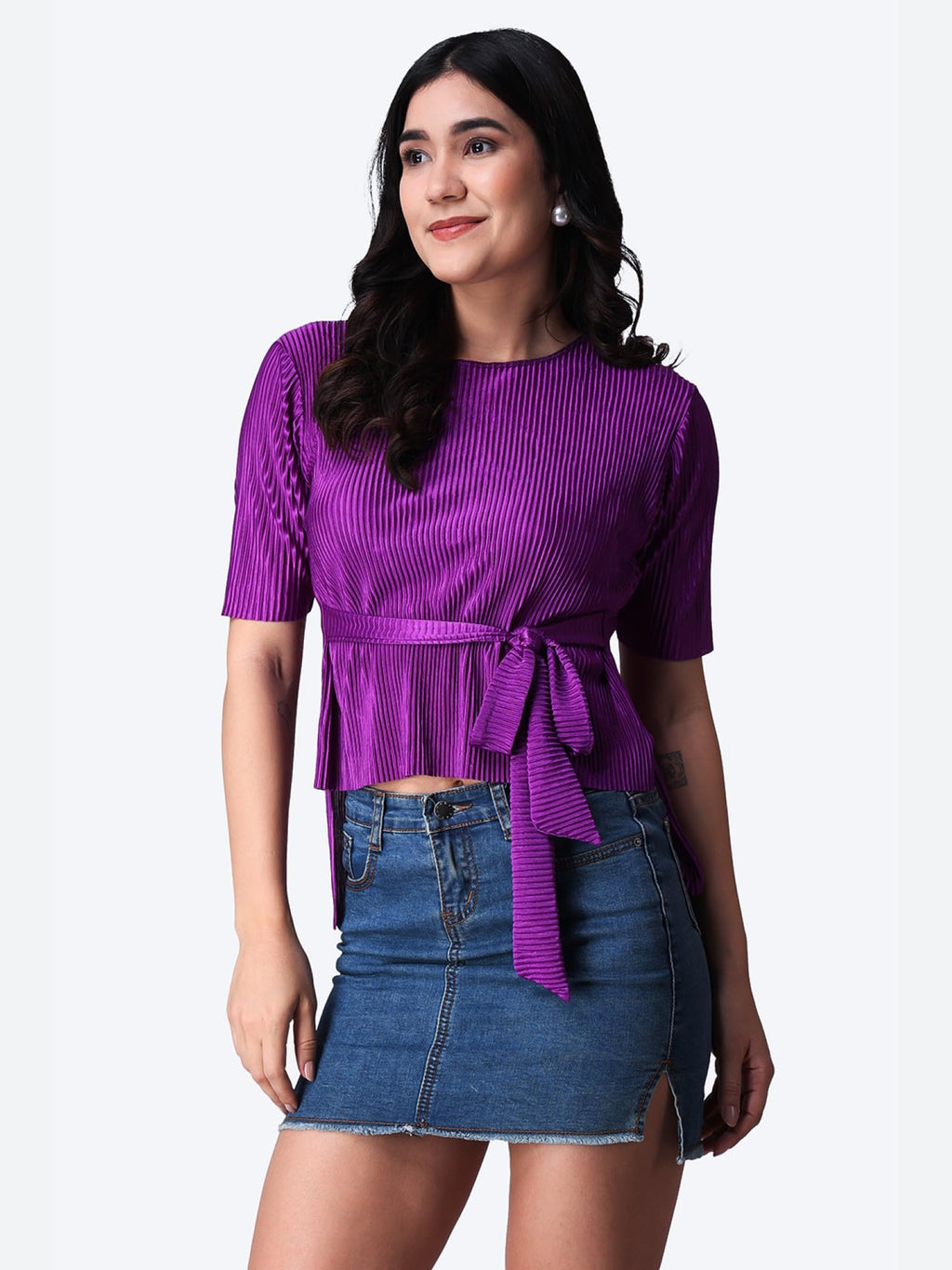 POPWINGS Casual Wrinkle Belt Top for Women || Round-Neck Stylish Summer Tops for Women || Half Sleeves Tops for Women Purple