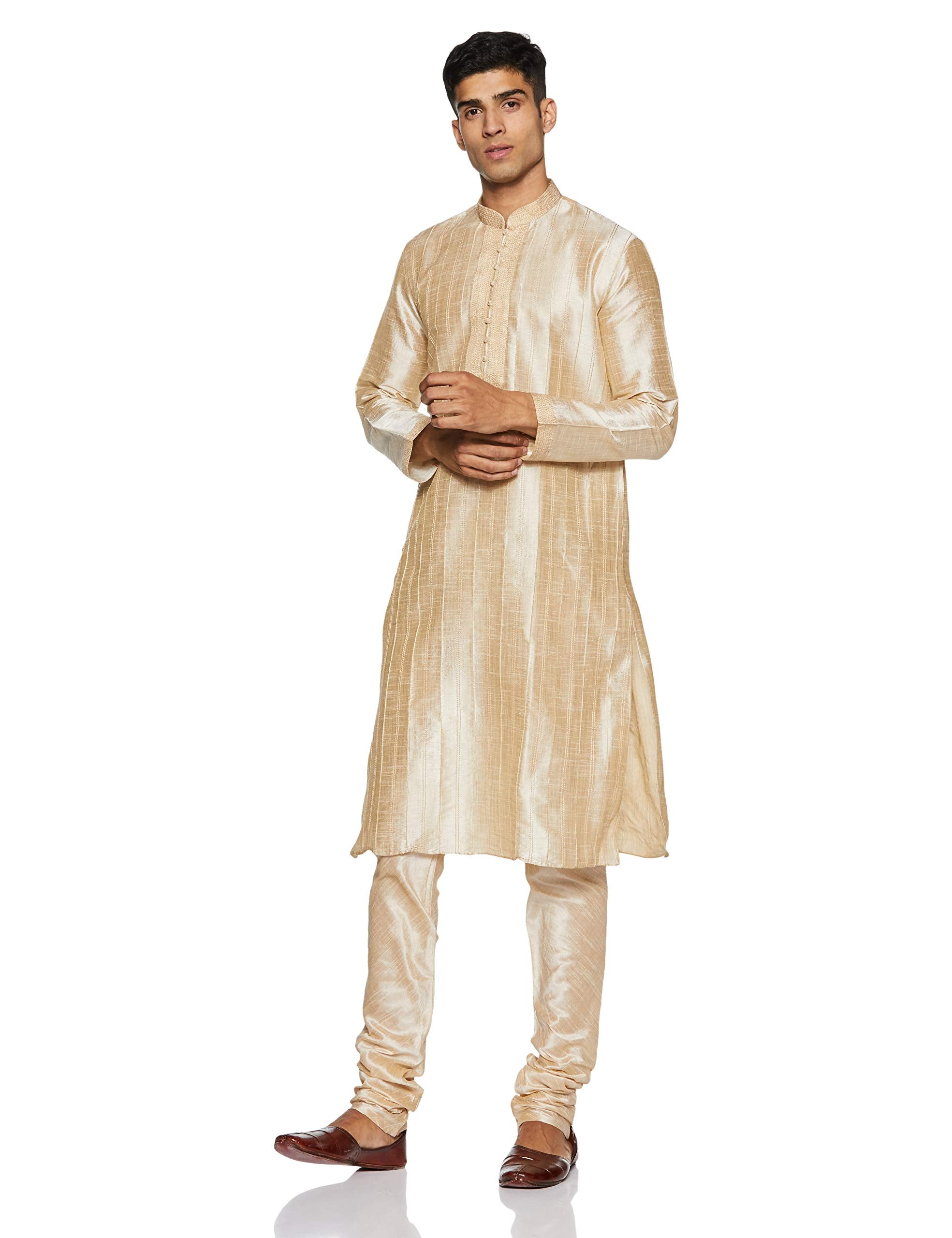Manyavar MenS Full Sleeve Blended Solid Kurta & Churidar Set, Cream - Small (S952156-311)