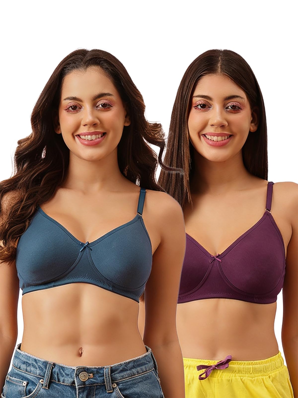 Clovia Womens Cotton Pack of 2 Non-Padded Non-Wired Full Coverage T-Shirt Bra (COMBOBR62_Multicolor_34C)